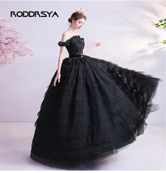 

Off the Shoulder Tiered Evening Dresses Black Prom Dress Boat Neck Flower Beads Formal Party Gowns Robe de soiree 2020
