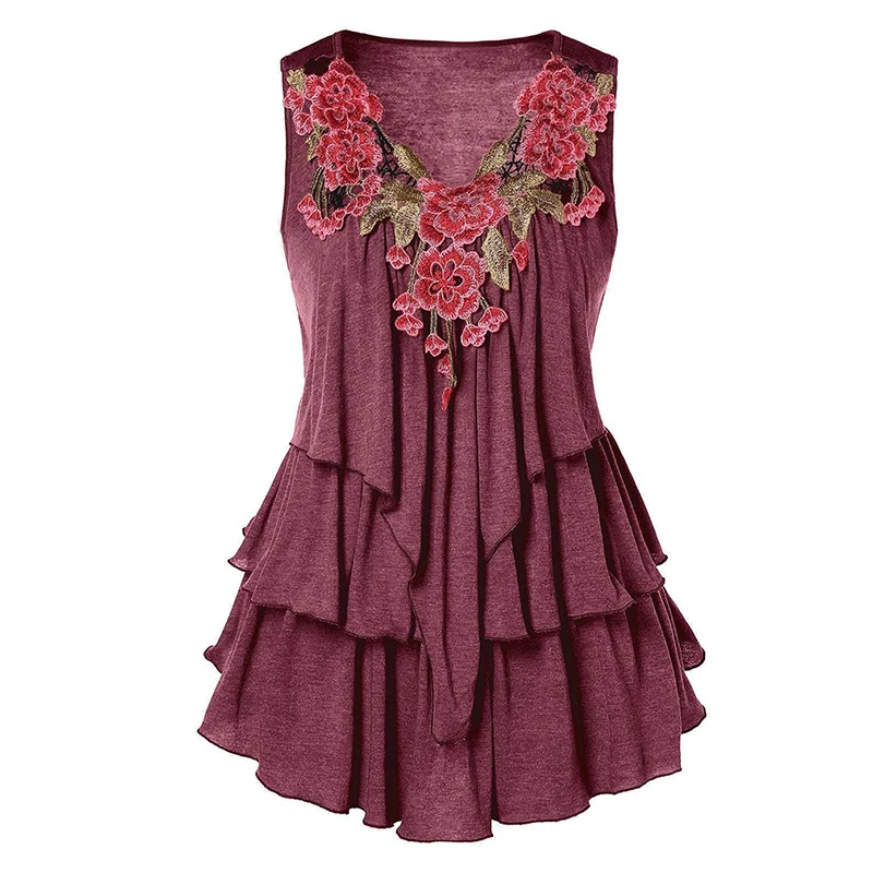 Плюс размер вышитый многослойный топ с v-образным вырезом без рукавов футболки повседневные Модные топы летняя рубашка женская одежда - Цвет: red wine