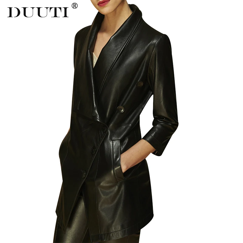

Faux Leather Coat Cool Black PU Jacket Turn-down Collar Autumn Winter Fashion Slim Motorcycle Jacket Outerwear Long Section D20