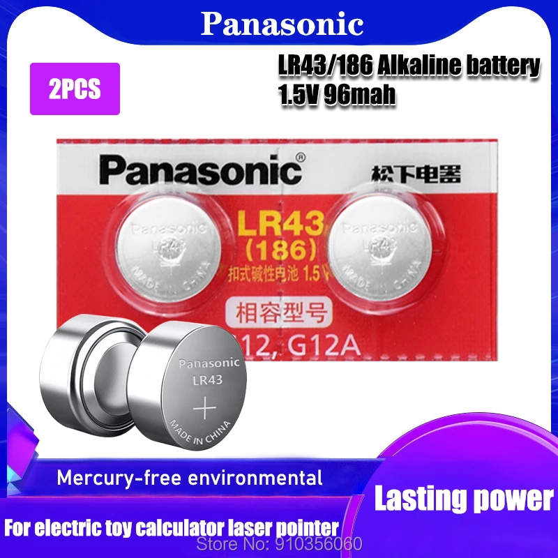 2 uds alcalinas batería Panasonic 1,55 V AG12 LR43 pilas de botón SR43 186 SR1142 LR1142 LR1144 V12GA AG 12 relojes de juguete