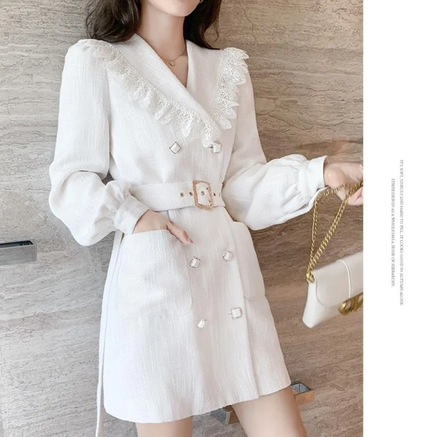 Women Winter Dress Coats 2020 White Fashion Buttons For Coat New Style Lapel Notched Lace Patchwork Office Lady Long Blazer