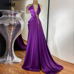 LORIE Real Photo Purple Evening Dresses One Shoulder Crystal Beaded High Neck Prom Gowns Mermaid Long Formal Party Dress 2021