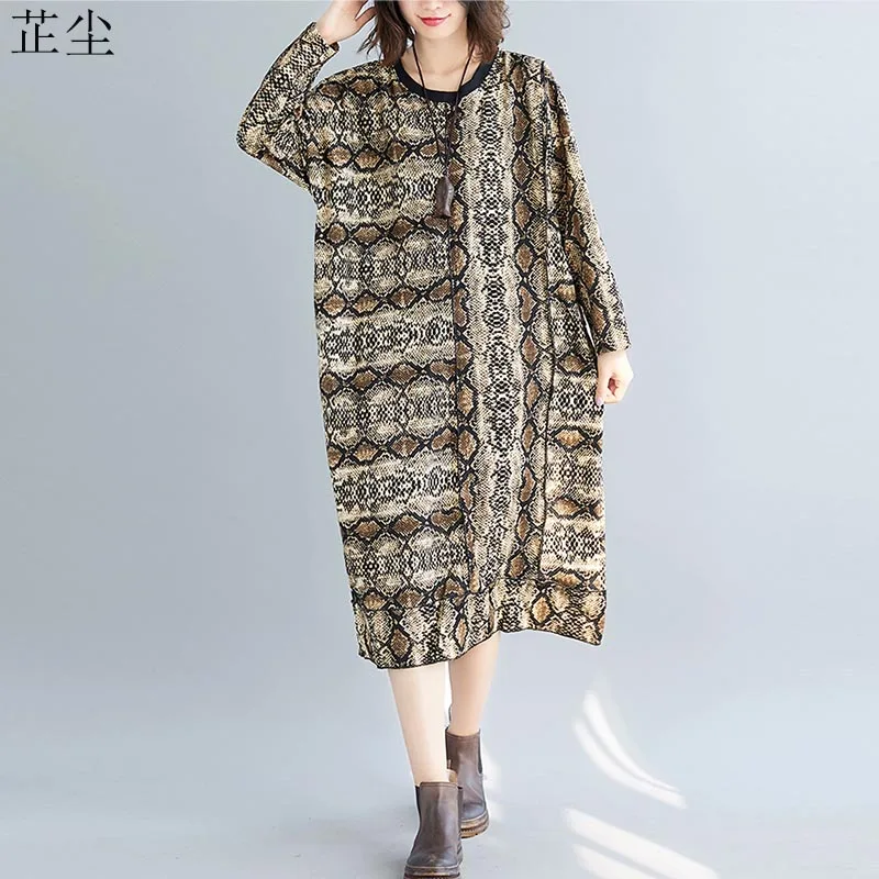 

Plus Size 4XL 5XL 6XL Leopard Dress For Women 2019 Autumn New Vintage Robe Female Korean Snake Print Splice Maxi Dresses Vestido