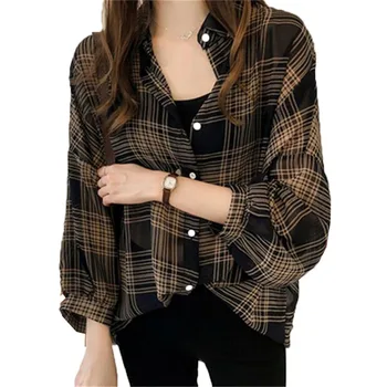 

2019 Summer New Women's Large Size 4XL Wild Plaid Shirt Loose Fashion Thin Section Casual Models POLO Collar Jacket Female A175