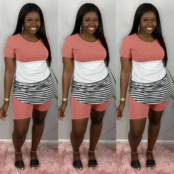 

Striped Two Piece Set Tracksuit Plus Size Women Summer Outfits Top Biker Shorts Sweat Suits Lounge Wear Matching Sets 6 colors