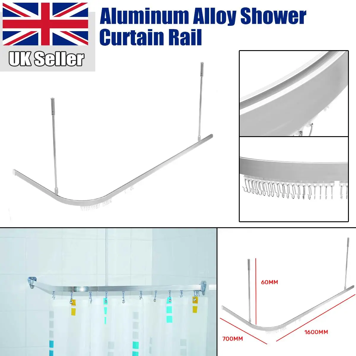 

Corner L Shaped Shower Curtain Rod Aluminum Alloy Track Style Universal Size 62" Shower Curtain Rod Bathroom Accessories