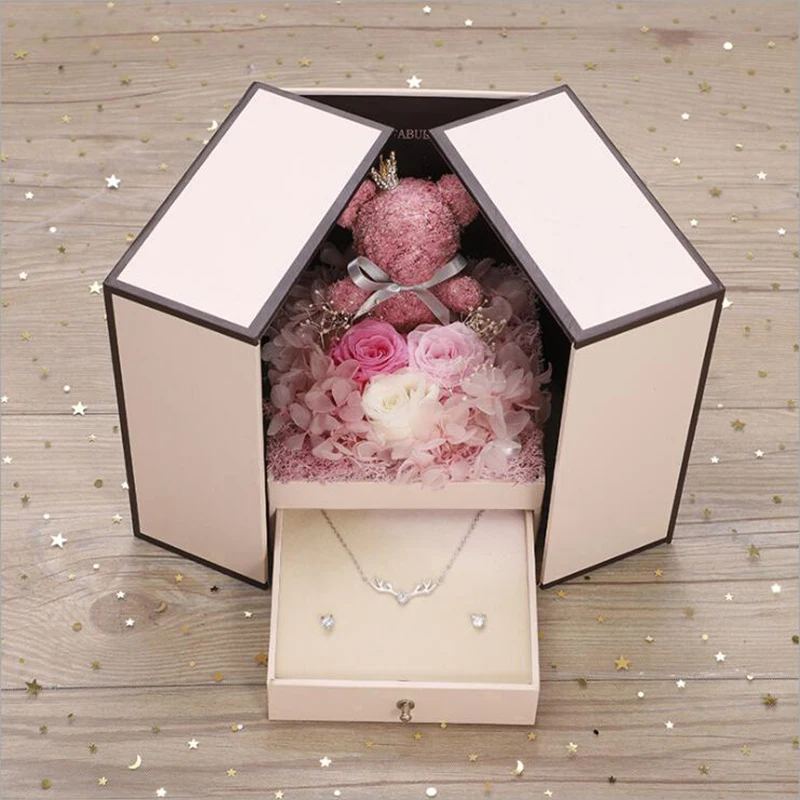 Valentine's Day Gifts Artificial Flowers Teddy Bear Rose Two Door Gifts Box Girlfriend Birthday Women Anniversary Wedding gifts