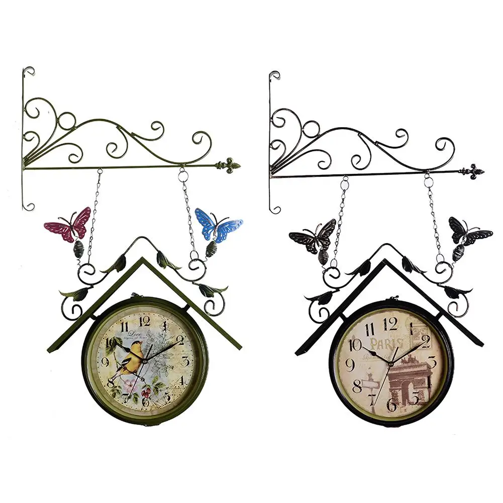 Настенные часы в стиле ретро, настенные часы из железа, средиземноморские двухсторонние Подвесные часы, декоративные часы для дома и сада