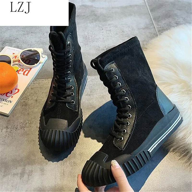Autumn and Winter New Korean Version of The Belt Elastic Cloth Shell Head Martin Boots Net Red Wild Boots Zapatos De Mujer