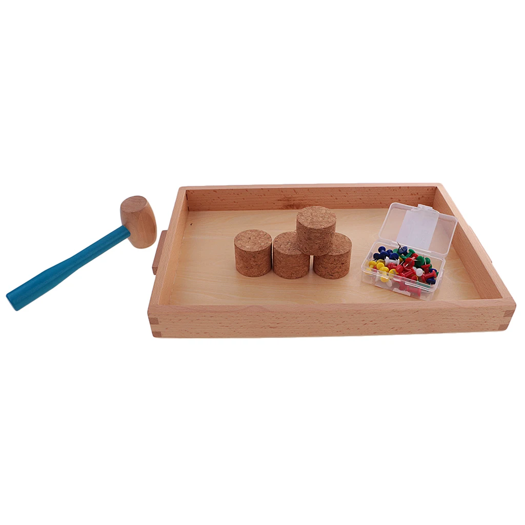 Wooden Tray w/ Beating Nail Hammer Spilings for Montessori Training Kids Toy