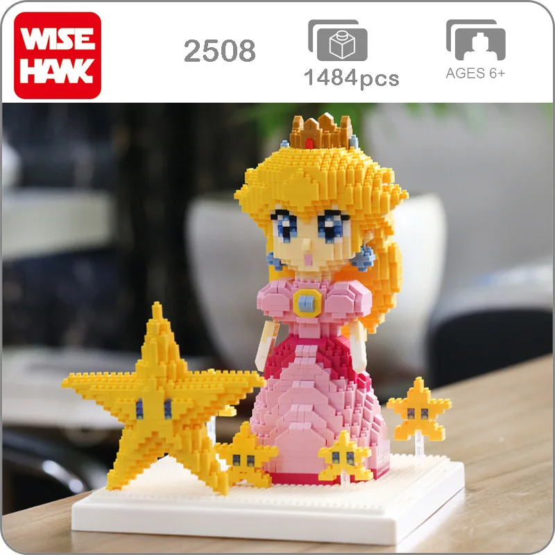 

Weagle 2508 Video Game Super Mario Peach Princess Star Pink Girl 3D Model 1484pcs Diamond Mini Building Nano Blocks Toy Gift