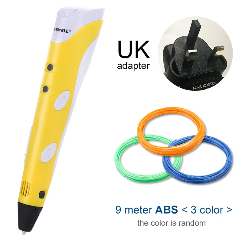 Yellow UK Myriwell, 3D Ручка,, сделай сам, 3D печать, ручка с 100 м ABS/PLA нитью, креативная игрушка, подарок для детей, дизайнерский рисунок - Цвет: Yellow UK