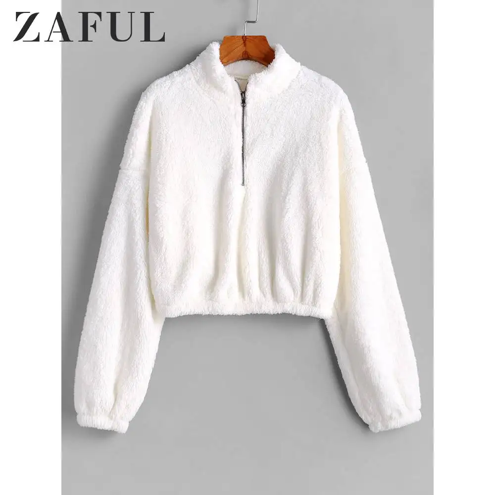 ZAFUL полумолния пушистый искусственный свитшот из овечьей шерсти с длинными рукавами стоячий воротник на молнии однотонный пуловер женские осенние Топы
