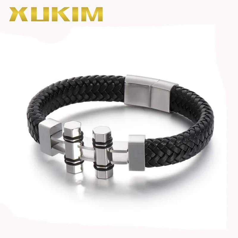 Посеребренный XB420 Xukim Jewelry New Trendy Black Men Leather Bracelet - Окраска металла: Посеребренный