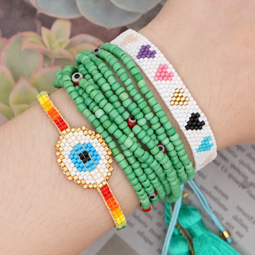 

BLUESTAR Turkish Eye Bracelet Rainbow Heart Bracelet Evil Eye Bead Armband Handmade Tassel Jewelry Gift