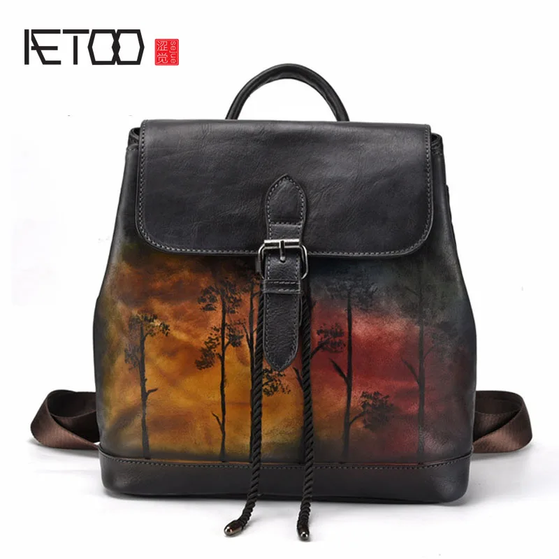 

BJYL New leather hand-rubbed hand-painted men's double shoulder Baotou layer cowhide Retro backpack casual men's bag