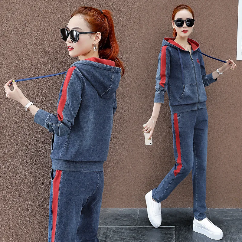 

Autumn Denim Two Piece Set Women Tracksuit Hoodies Patchwork Jeans Jacket Coat and Pants Suit Female Casual Denim 2pcs Outfits