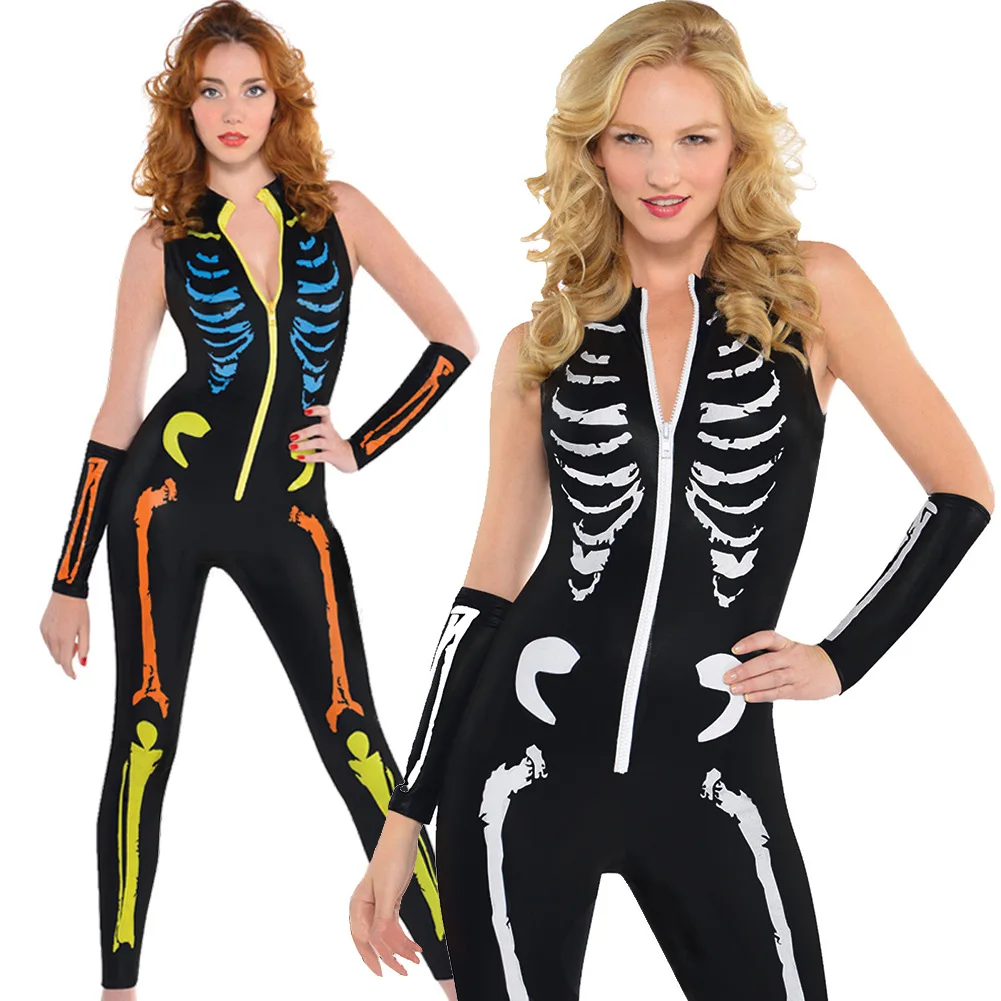 

2019 Europe And America WOMEN'S Dress Halloween Cosplay Clothes Horror Skeleton Onesie Ghost Party Performance Wear