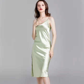 

Female Suspender Skirt Sleepwear Green Nightgown Sexy Satin Lounge Side Split Spaghetti Strap Nightdress Loose Silky Sleep Dress