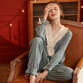 

Pajamas Female Spring and Autumn Simple Cute Lace V-neck Pajamas Female Spring and Autumn Long Sleeve May Be Outer Wear Casual