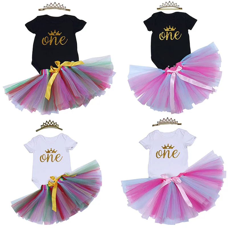 

Baby Girls' 1st Crown Birthday Dress Outfits Infant Black Rainbow Romper+Skirt+Headband 1 Year Dresses Costume for Toddler Girl