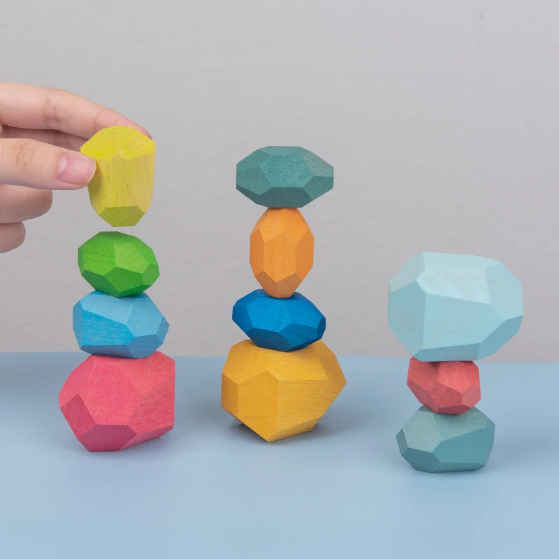 Children Colored Stone Jenga Stacking Blocks Educational Toy Creative Nordic Style Rainbow Stone Wood Blocks Baby Wooden Toys