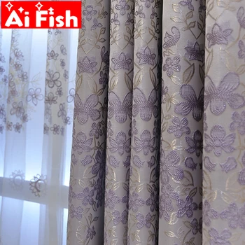 

Europe Window Screening Bedoom Purple Embroidered Floral Curtains Cloth Voile Tulles for Cotton Drapes Living room MY336#30