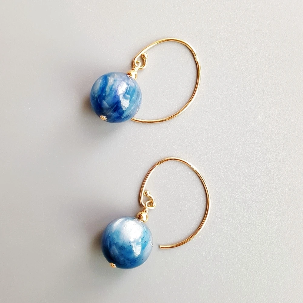 

Lily Jewelry Genuine 12mm Blue Cat't Eye Kyanite 925Sterling Silver Gold Color Drop Earrings Handmade Delicate Jewelry For Women
