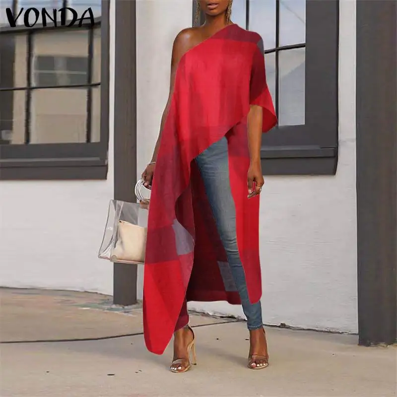

Long Party Tops Women Off The Shoulder Blouse Sexy Patchwork Print Tops VONDA 2020 Summer Office Blouse Plus Size Tunics Shirts
