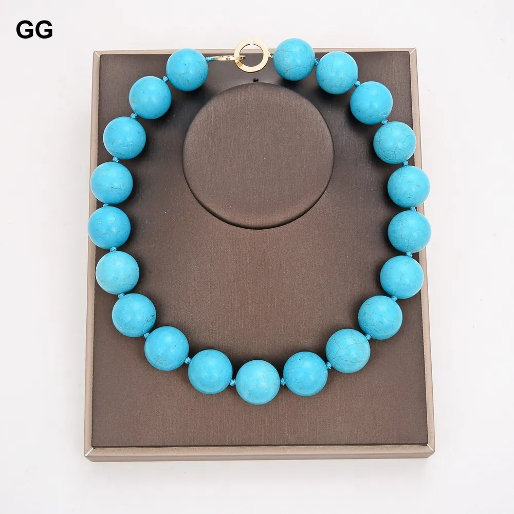 GuaiGuai Jewelry 20" Natural 20MM Blue Turquoises Gems Stone Necklace - 4