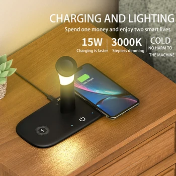 

Dimmable CCT Changing 3000K 6000K LED Night Light 5 In 1 With Smart 15W Double Wireless Charger For Mobile Phone Watch Earphone