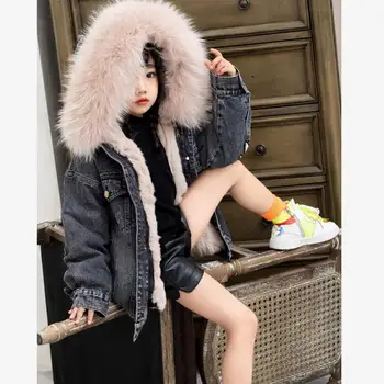 

-30℃ Children Real Rex Rabbit Fur Coat Nature Fur Collar Hooded Overcoat Warm Parka Modis Kids Jacket For Cold Winter Y2177