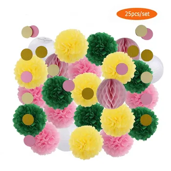 

New Arrival 25pcs/set Green Pink Yellow Set Paper Pompom Lantern Honeycomb For Summer Wedding Decor Kids Baptism Party Favor