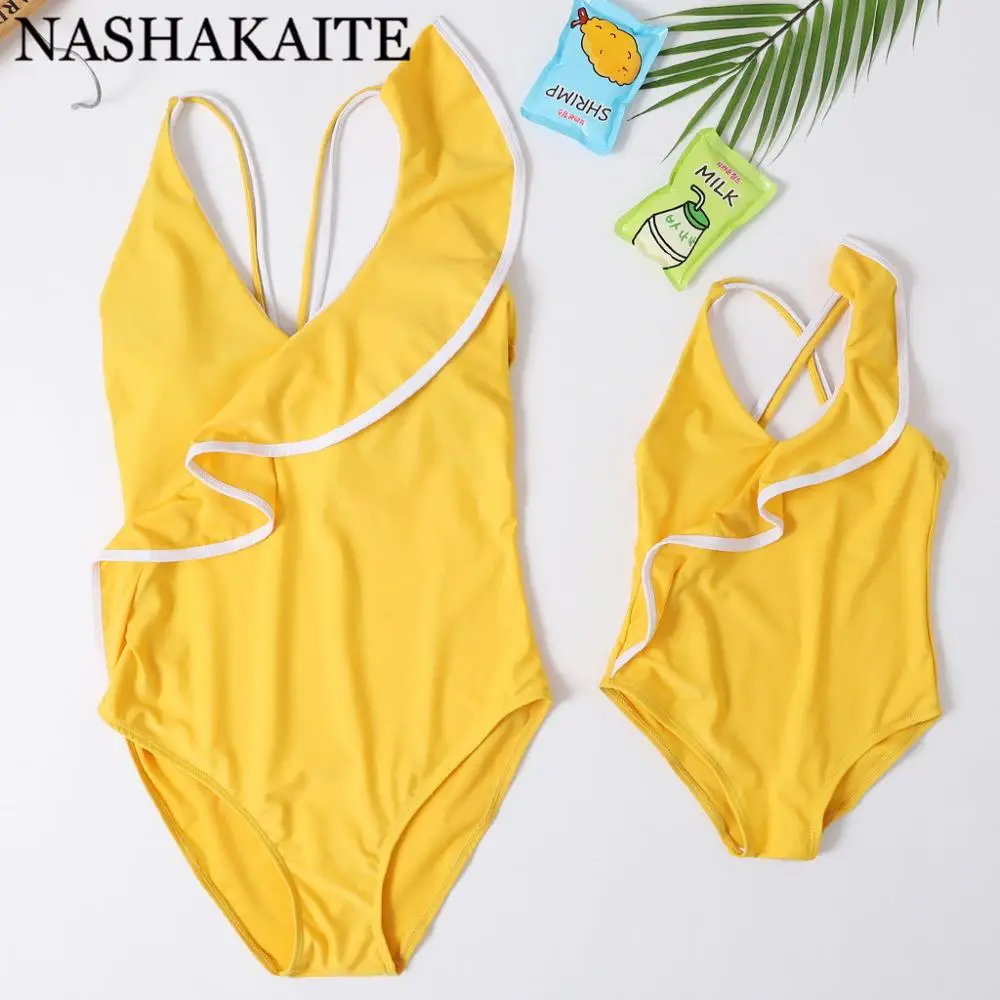 NASHAKAITE Swimsuit Mother Daughter Solid Yellow Drawstring Bathing Suit Women Girls Beachwear Family matching swimwear