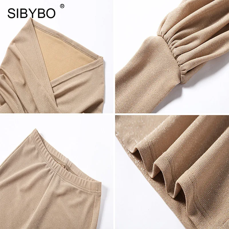 SIBYBO, блестящий, с открытыми плечами, сексуальный комплект из двух предметов, женский, перекрестный, бандаж, без бретелек, Женский Топ и штаны, набор, открытая спина, Повседневный, Женский комплект