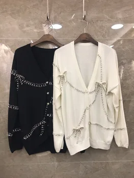 

2019 Autumn & Winter New Fashion V-neck Handmade Beaded Cardigan Wool 100% Sweater