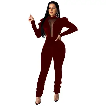 

Echoine Velvet Sheer Mesh Patchwork Women Jumpsuit Puff Sleeve Sexy Backless Rompers Skinny Vintage Playsuit Party Club Outfit