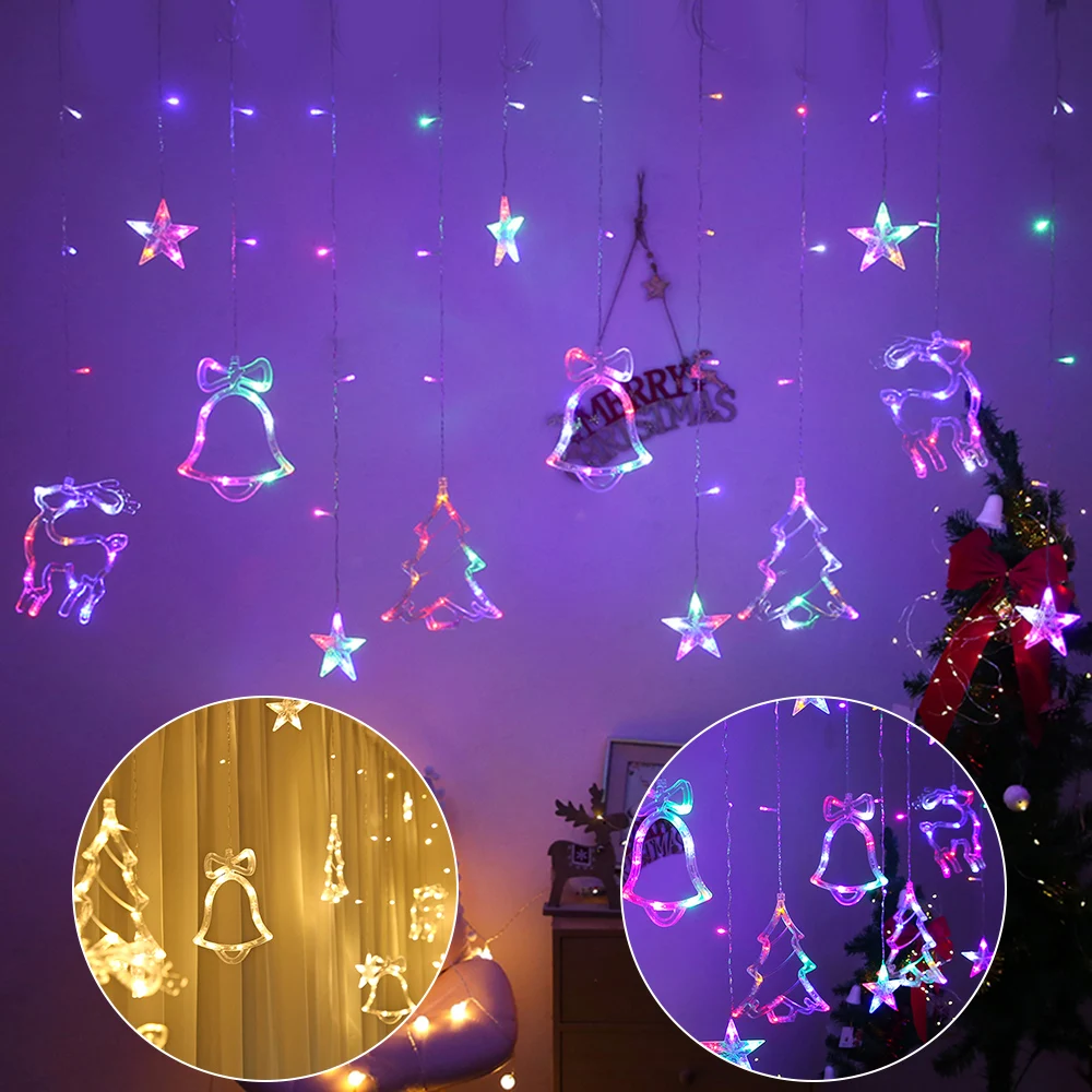 

Christmas LED Curtain Lights Bell Deer Xmas Tree Stars 8 Lighting Modes Twinkle String Lights Home Decor Bedroom Wall Lights D30