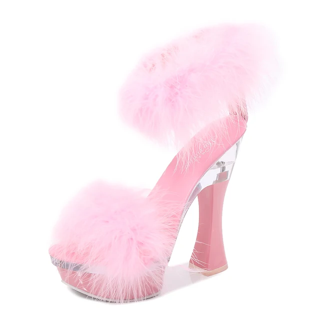 2020 New 4 Color Feather Thick High Heels Platform Sandals Women 14cm 17cm Heels Shoes Female Summer Hair Wedding Pumps WS311 Pink 14cm