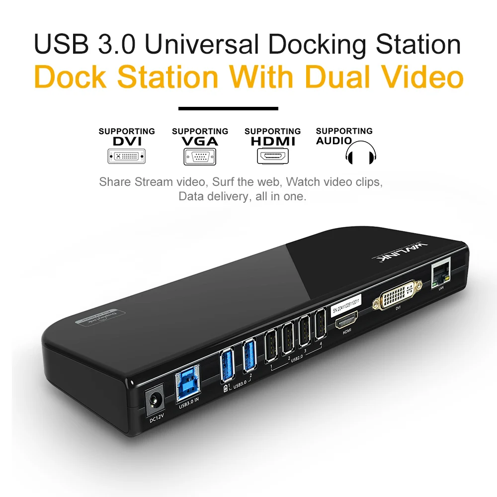 USB 3.0 UNIVERSAL DOCKING STATION DUAL VIDEO MONITOR DISPLAY HDMI & DVI/VGA GIGABIT ETHERNET AUDIO