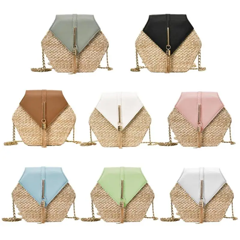 

Hex-shape Straw+PU Shoulder Handbags Women Top-handle Summer Beach Boho Bag