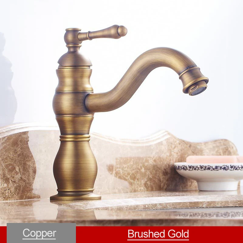 Brushed Gold Смеситель для раковины для ванной комнаты, матовый золотой кран, медный смеситель с поворотом на 360 градусов, винтажный кран с одной ручкой, краны для горячей и холодной воды - Цвет: Brushed Gold