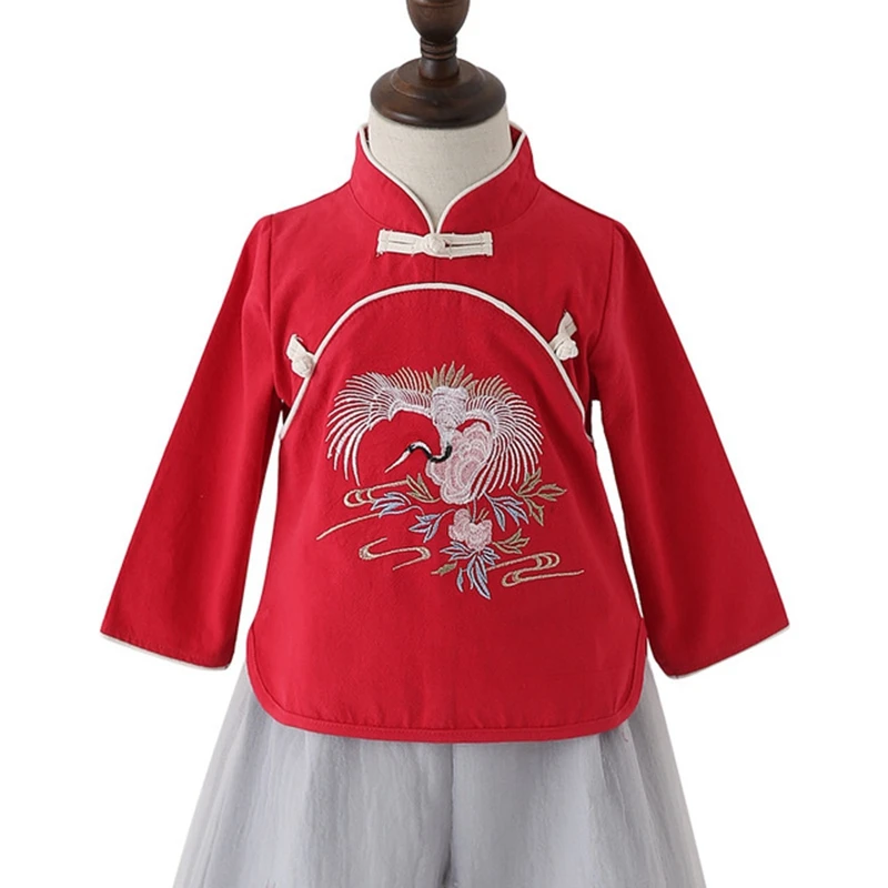 Hanfu/весенне-осенний костюм в китайском стиле с принтом журавлей для девочек весенне-осенняя одежда Улучшенная одежда с длинными рукавами для девочек