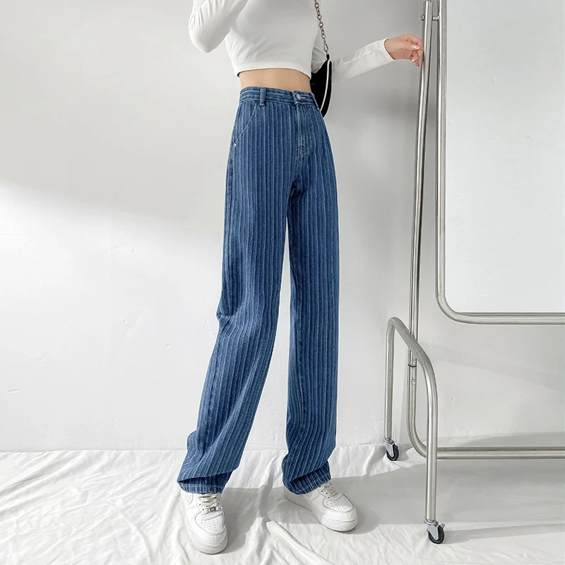 wide leg jeans Jacquard Blue Women Pants 2021 New Casual Striped Retro Basic Straight Loose Plus Size Jeans Y2K Fashion Trendy Ladies Trousers cargo jeans