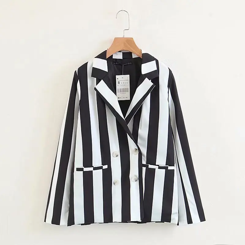 

Spring And Autumn New Style WOMEN'S Dress-Style Double Breasted Black And White Stripes Casual Small Suit Coat 1-70-2112