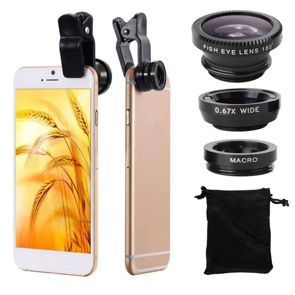 360 Degree Rotate Shark Tail Shaped Clip Photo Camera Lens Kits Universal 180 Degree Fish Lens 0.65X Wide Angle 10X Macro Lens mobile phone lens kit