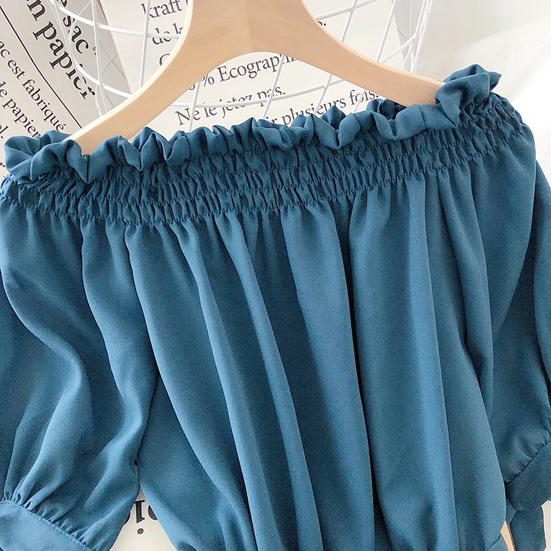 OCEANLOVE Off Shoulder Chiffon Dress  Women Solid Bow Ruffles Chic 2020 Vestidos Short Sleeve Summer Dresses Fashion 15549