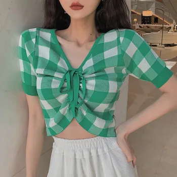 

Retro Sweet Plaid T-Shirt Drawstring V-Neck Women's Sexy Slim Fashion Casual Short-sleeved Cotton Knit Tops