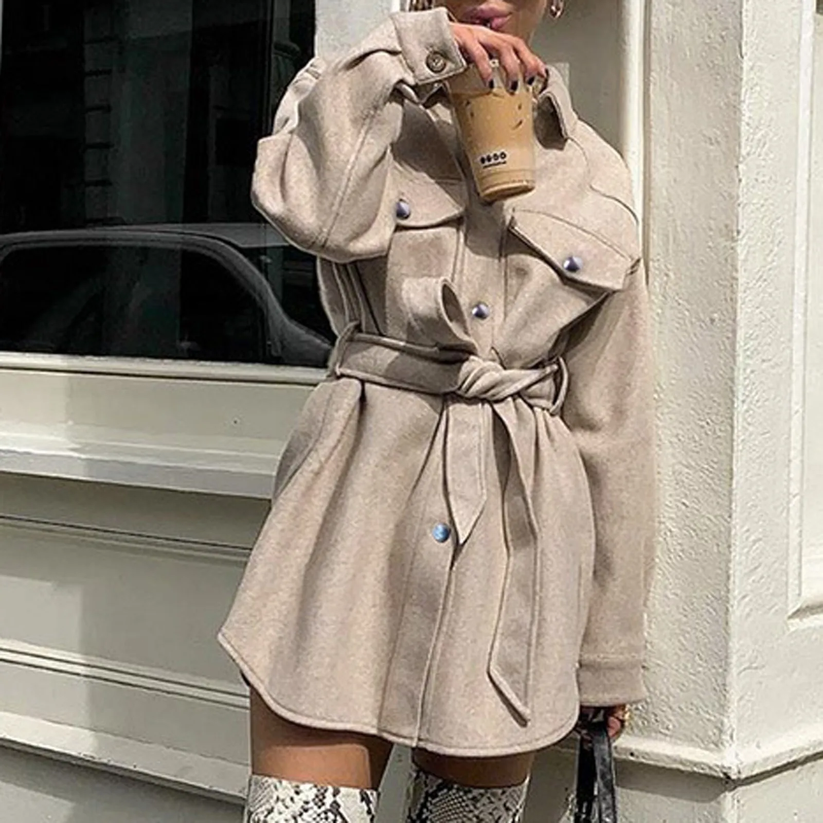 Gabardina De manga larga con bolsillos y botones para Mujer, pretina De estilo Retro, Color liso, para invierno