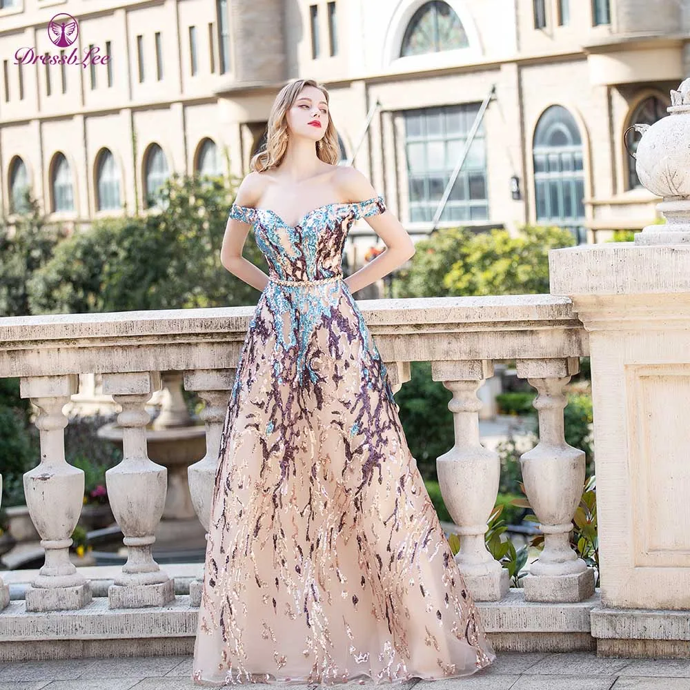 

New Listing Prom Dresses 2020 Off The Shoulder Long Evening Dress Sparkly Sequined Embroidery Party Dress vestido de festa